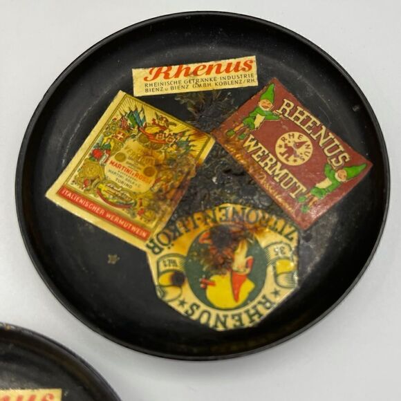 MidCentury W German Alcohol Label Decoupage Enameled Champagne Bucket & Coasters - Picture 12 of 16